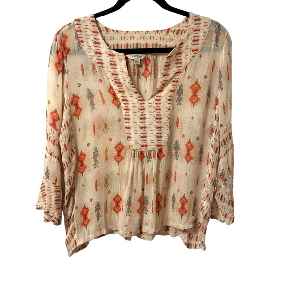 Lucky Brand Mix Print Boho Top Southwest Aztec Blouse Womens Large Flowy Hippie - Picture 3 of 6